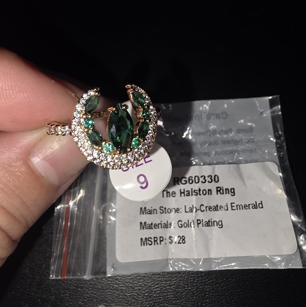 - Gold BP.  Green Lab-Created Emerald Gold-Plated Ring (Size 9)